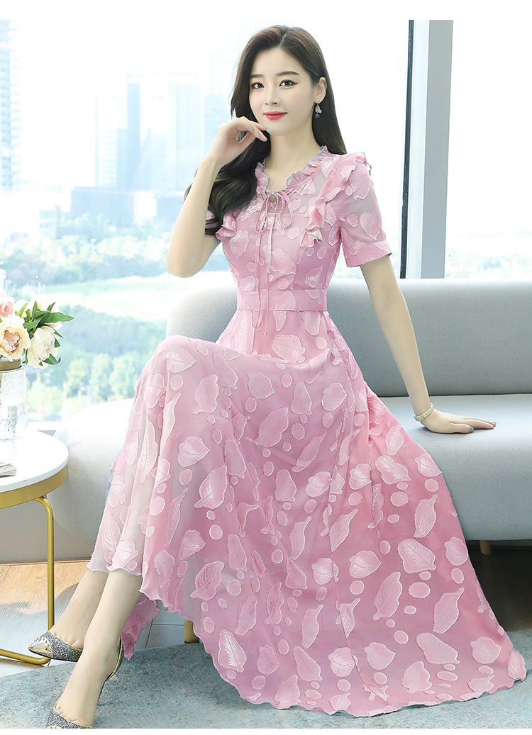 Pinched waist jacquard chiffon big skirt dress for women