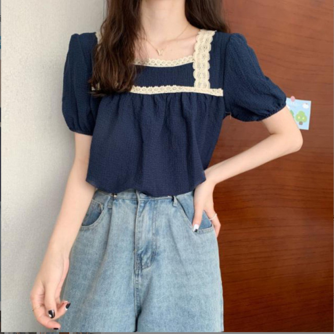 Korean style square collar chiffon shirt short sleeve shirt
