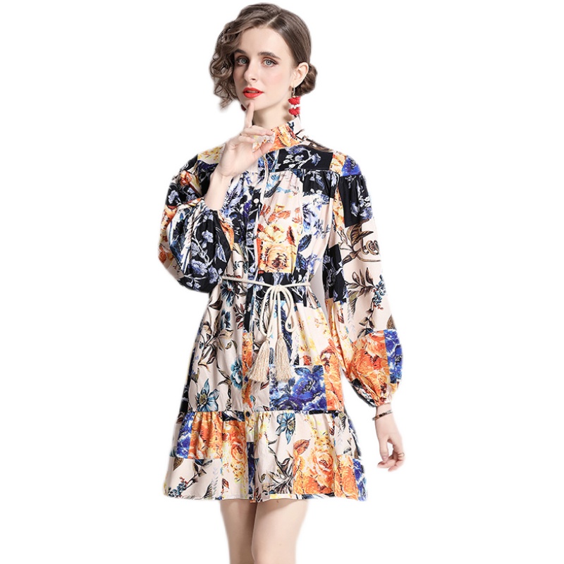 Retro floral colors pinched waist long sleeve dress