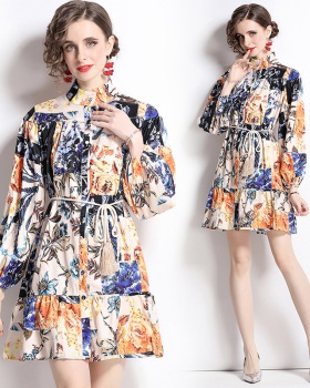 Retro floral colors pinched waist long sleeve dress