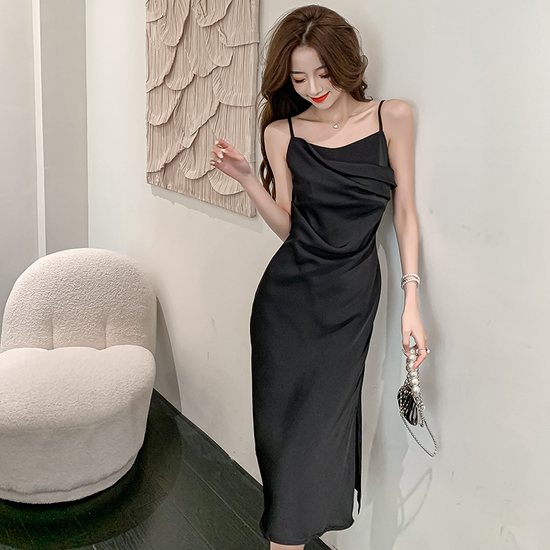 Irregular long fold formal dress sling pinched waist dress