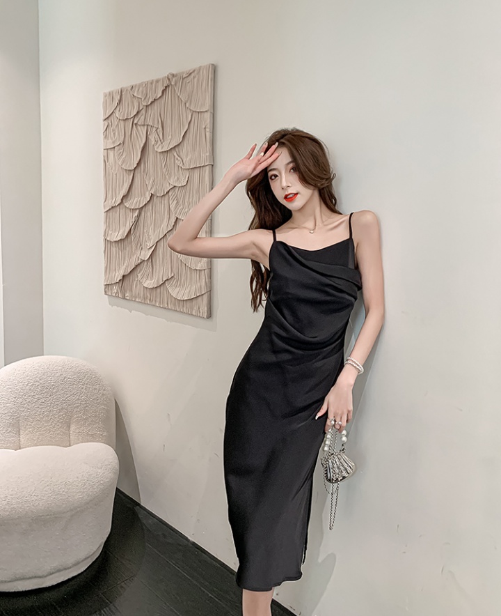 Irregular long fold formal dress sling pinched waist dress