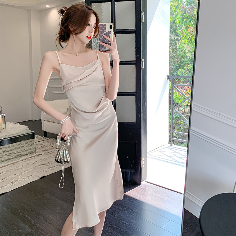 Irregular long fold formal dress sling pinched waist dress