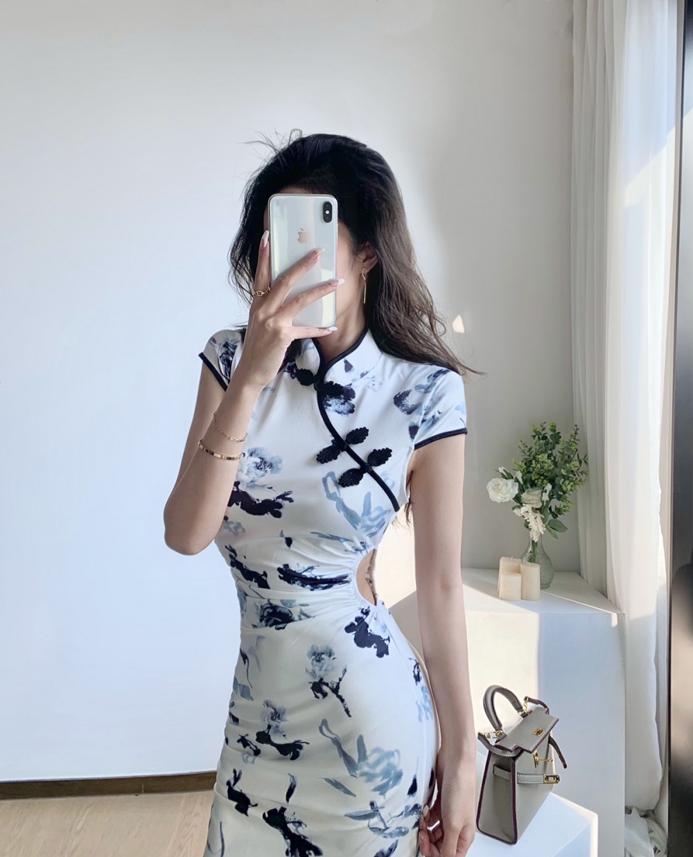 Black-white long annual meeting cheongsam retro ink dress