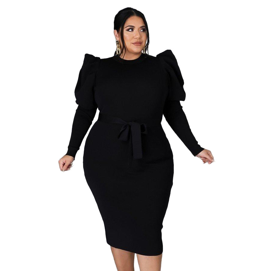 Long sleeve slim waistband large yard dress for women