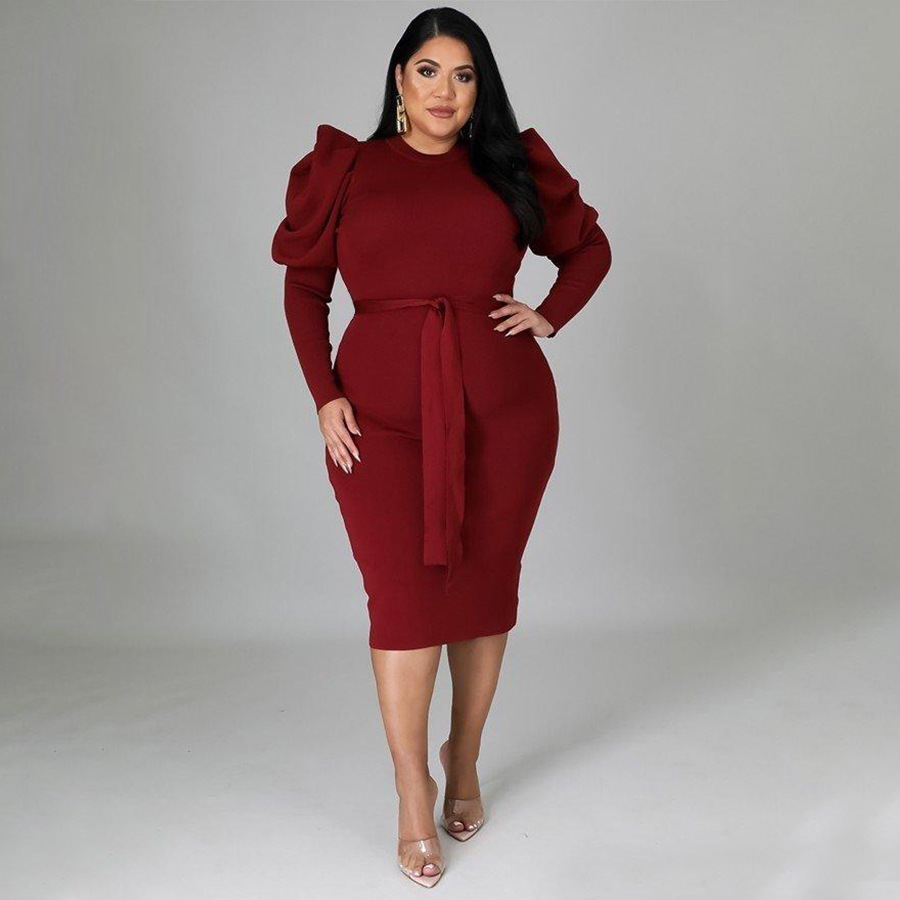 Long sleeve slim waistband large yard dress for women