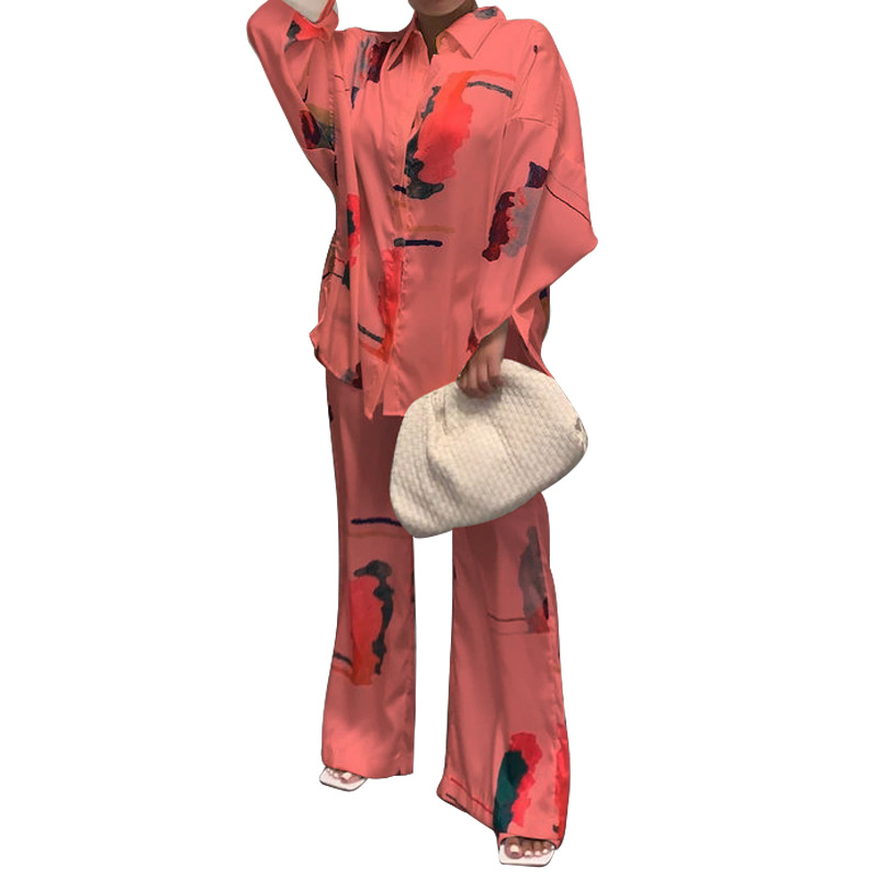 Printing wide leg pants homewear pajamas 2pcs set for women