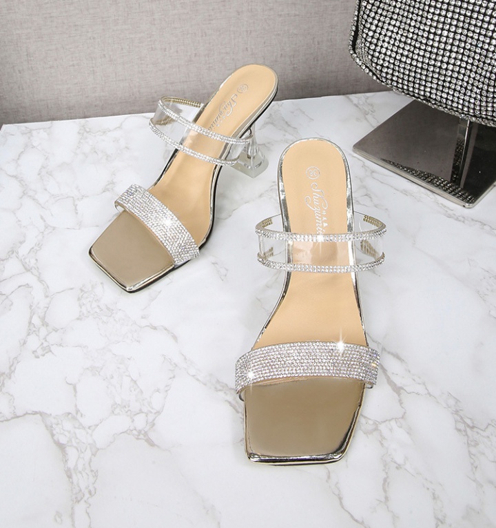 Rhinestone slippers square head high-heeled shoes