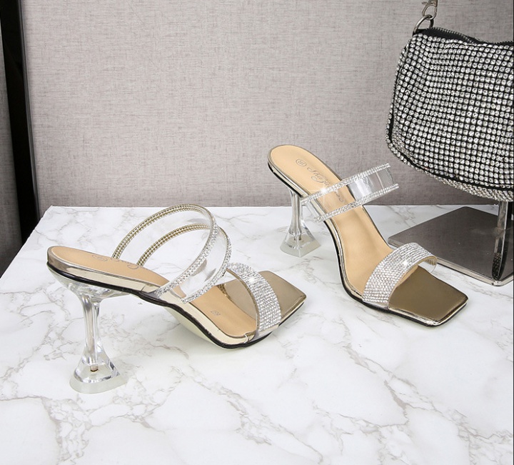 Rhinestone slippers square head high-heeled shoes