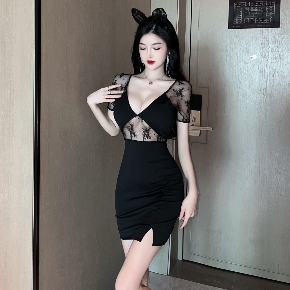 Lace package hip splice hollow short sleeve sexy dress