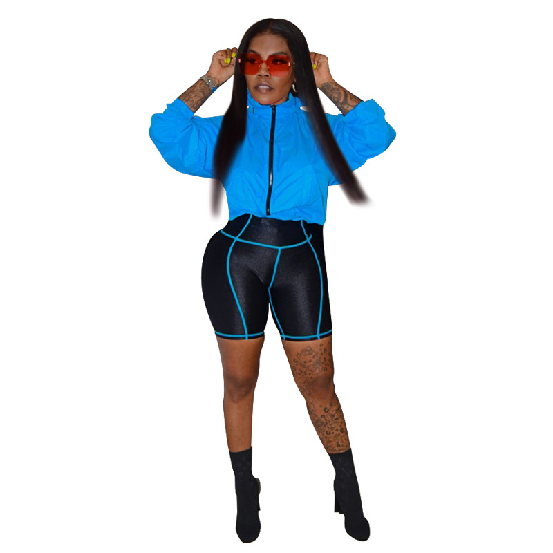 Sports mixed colors splice shorts 2pcs set for women