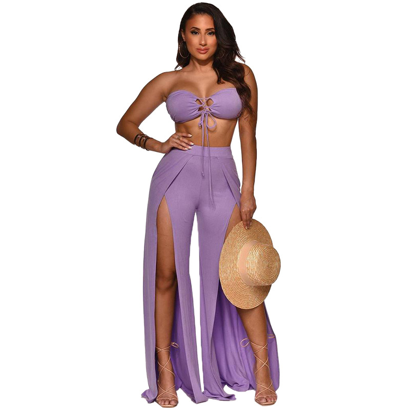 Bandage split European style wide leg pants 2pcs set