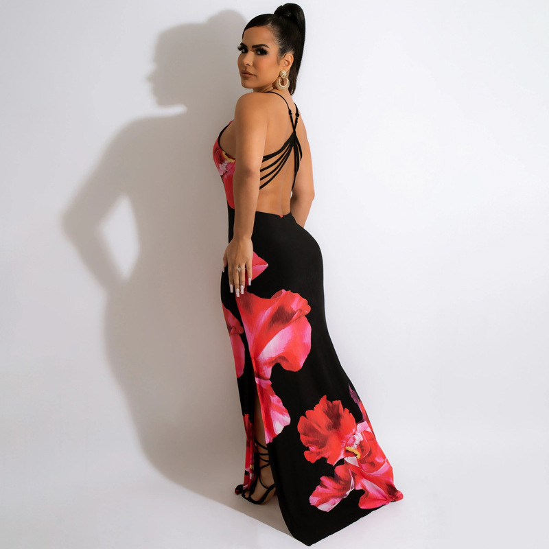 Split printing long dress halter dress