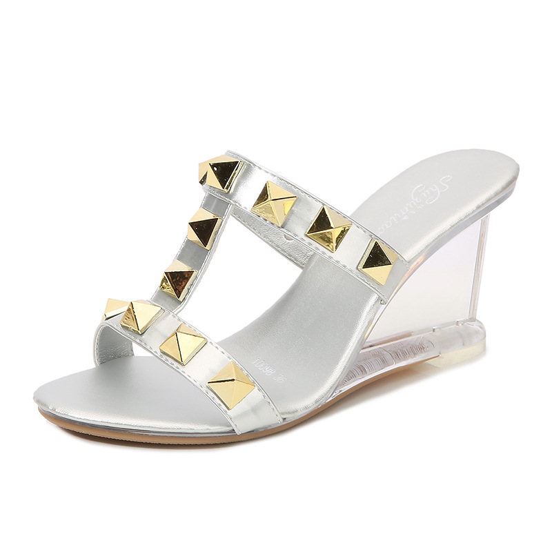 Summer high-heeled slippers rivet transparent platform