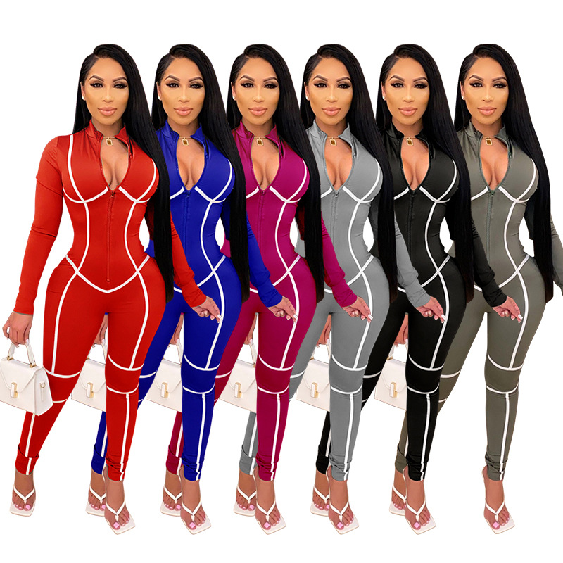 European style long sleeve sexy splice jumpsuit for women