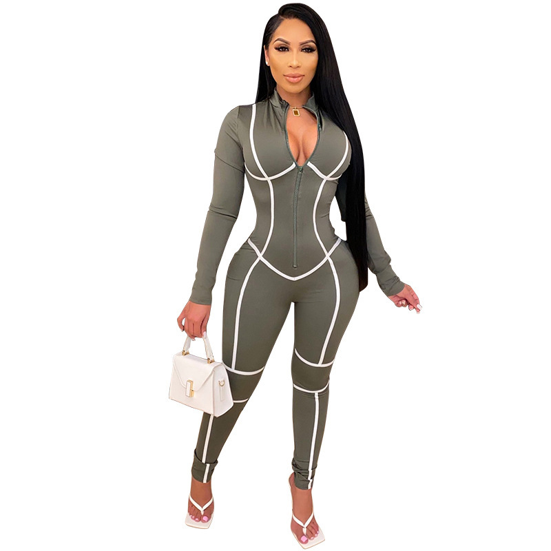 European style long sleeve sexy splice jumpsuit for women