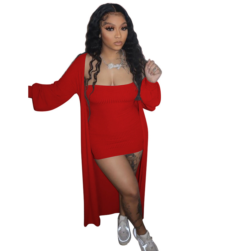 Long sleeve knitted dress sexy package hip coat 2pcs set