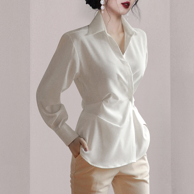 Spring V-neck white tops temperament long sleeve shirt