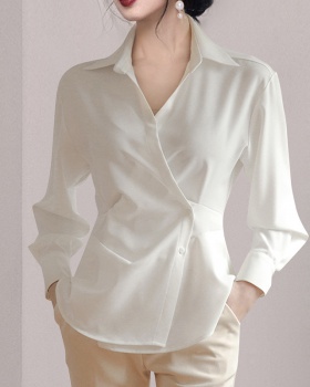 Spring V-neck white tops temperament long sleeve shirt