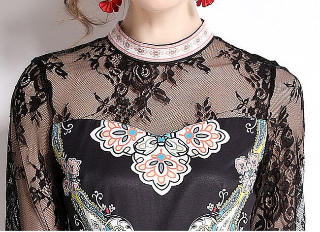 Spring splice pullover round neck printing autumn lace dress
