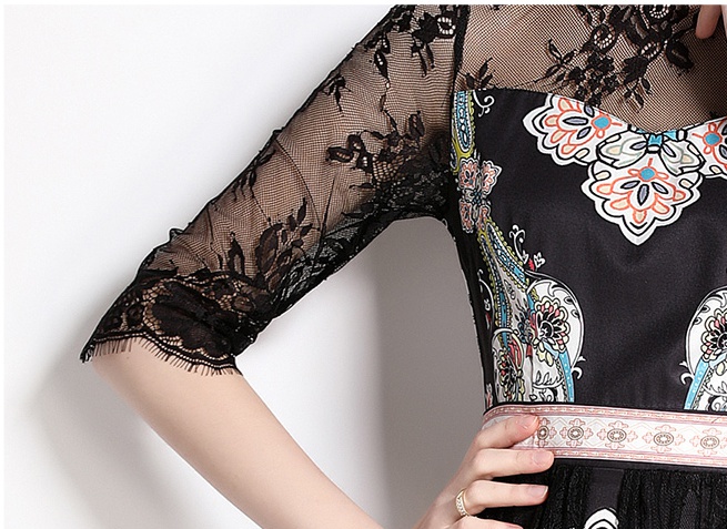 Spring splice pullover round neck printing autumn lace dress