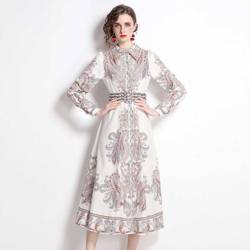 Autumn printing long dress square collar dress