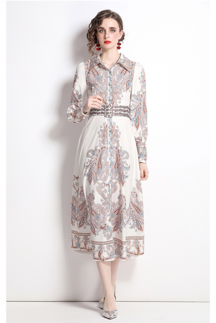 Autumn printing long dress square collar dress