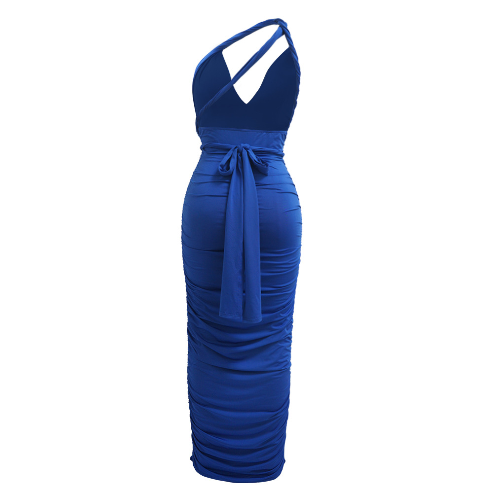 Halter fold V-neck bandage long dress for women