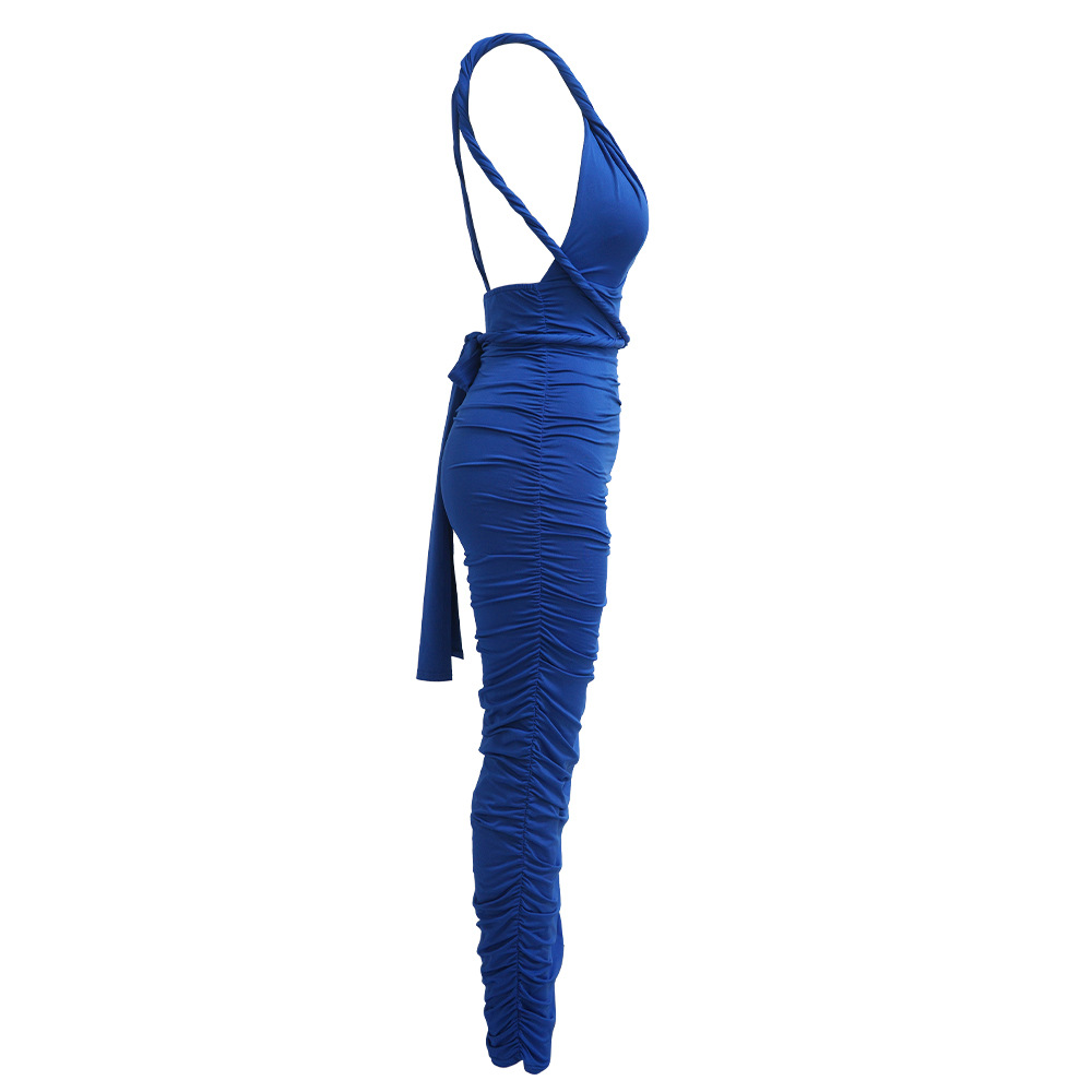 Halter fold V-neck bandage long dress for women