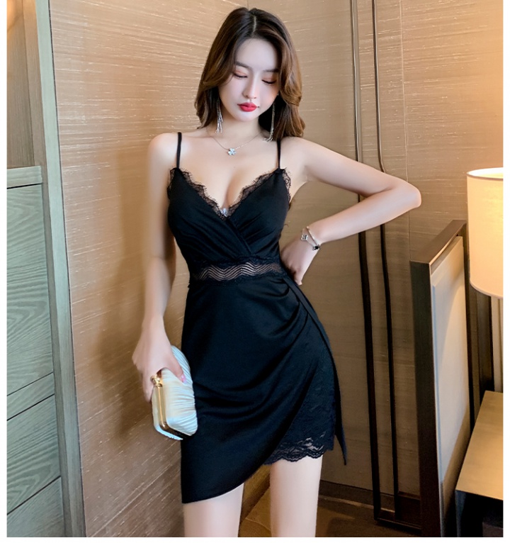 Slim double package hip lace sling V-neck halter sexy dress