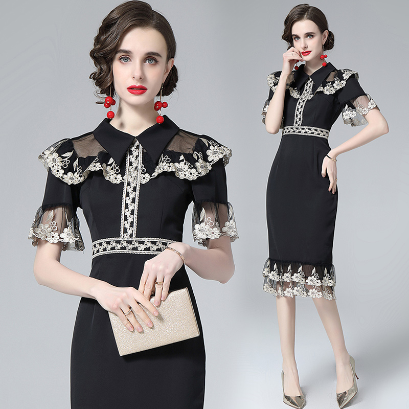 Slim embroidery summer pinched waist retro dress