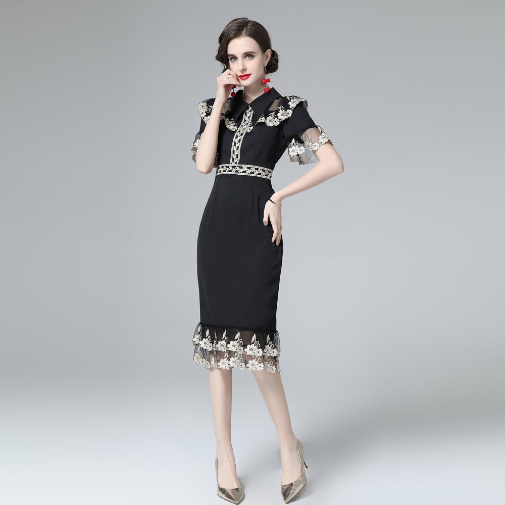 Slim embroidery summer pinched waist retro dress