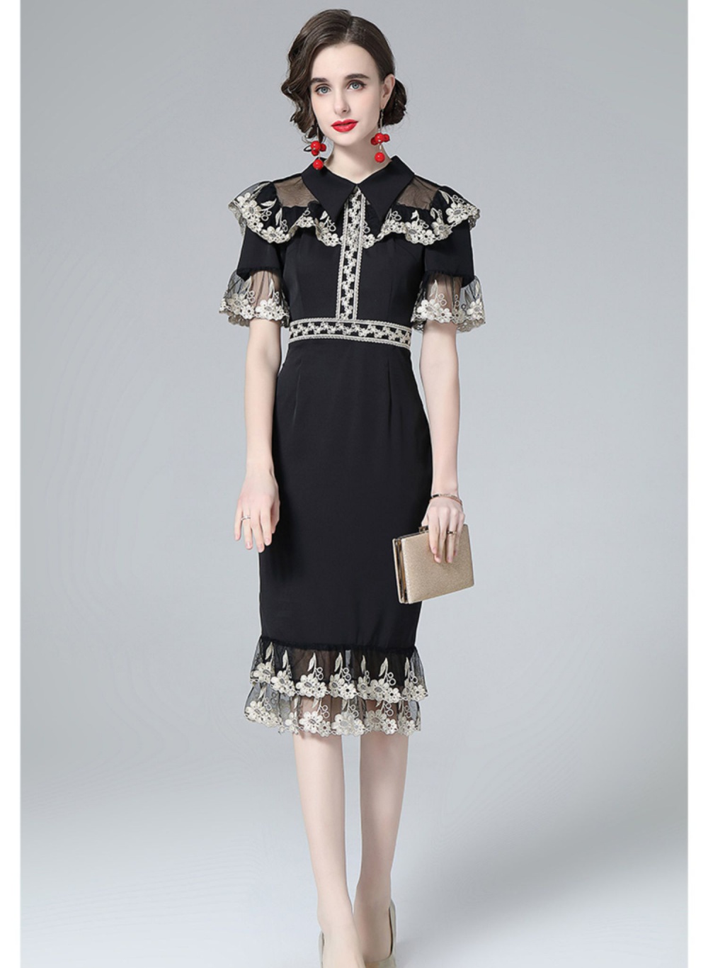 Slim embroidery summer pinched waist retro dress