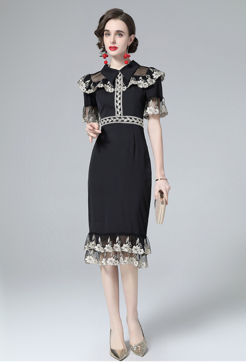 Slim embroidery summer pinched waist retro dress