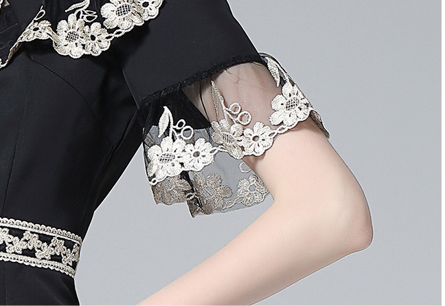 Slim embroidery summer pinched waist retro dress