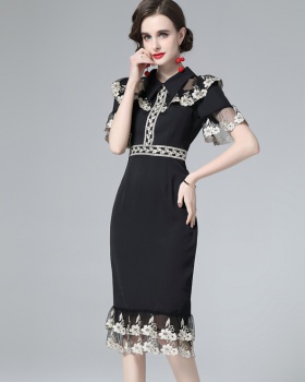Slim embroidery summer pinched waist retro dress