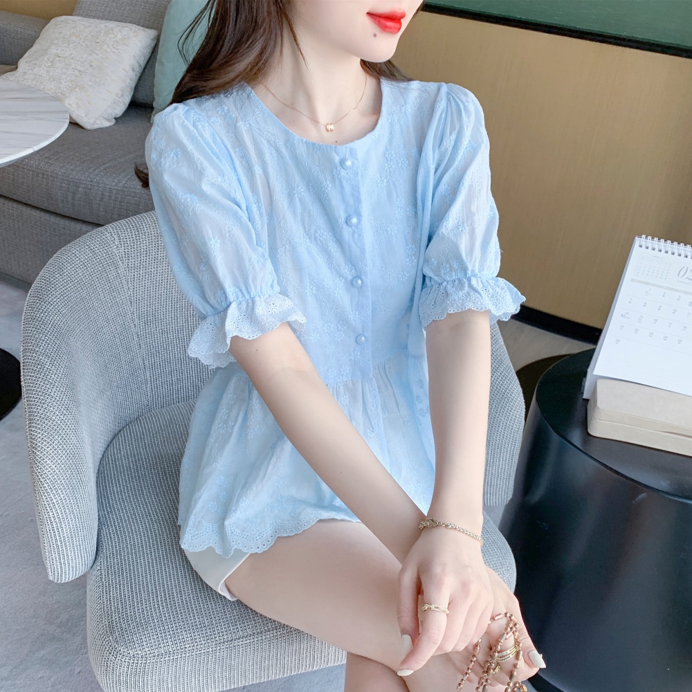 Korean style pinched waist shirt round neck small shirt