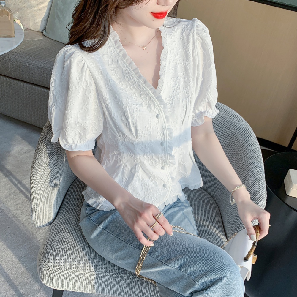 Stereoscopic white tops lotus leaf edges petal chiffon shirt