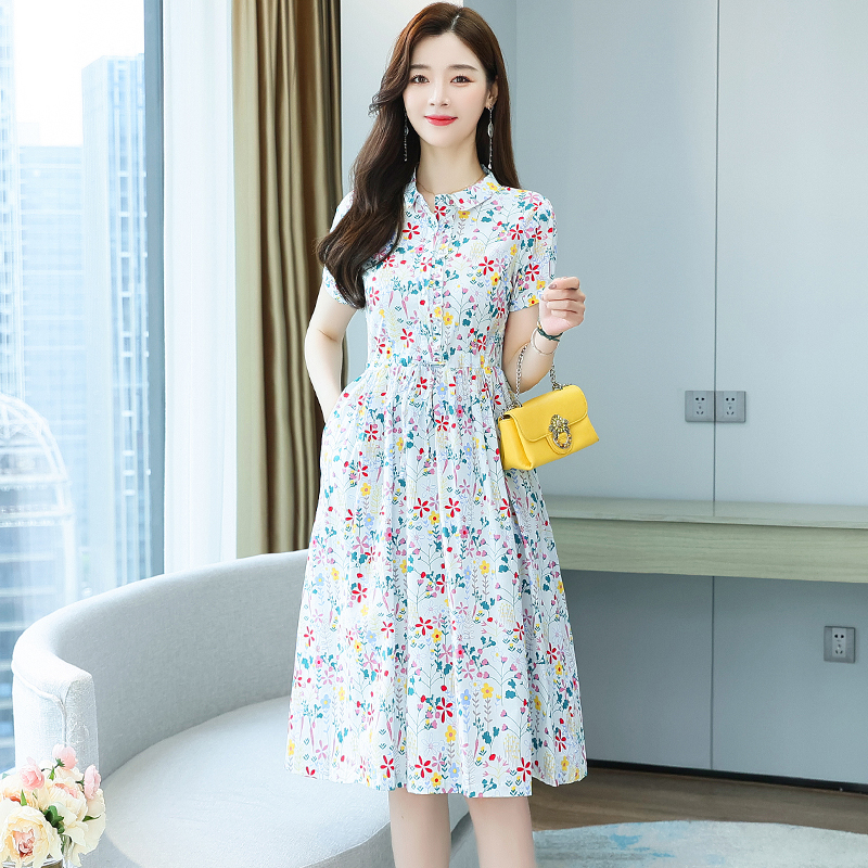 Short sleeve cotton linen long dress for women