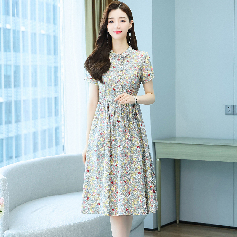 Short sleeve cotton linen long dress for women