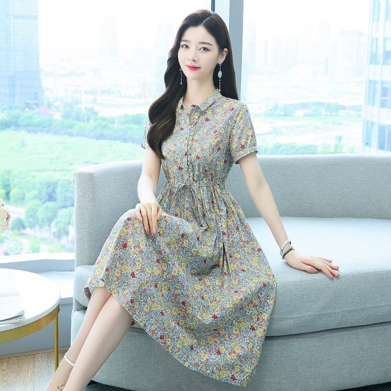 Short sleeve cotton linen long dress for women