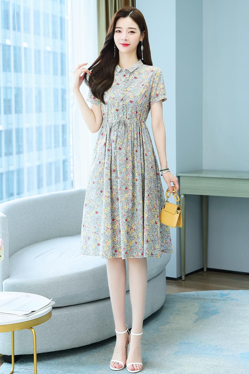 Short sleeve cotton linen long dress for women