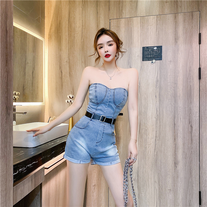 Summer with belt strapless shorts sexy fashion jumpsuit