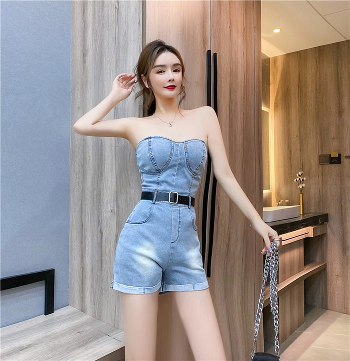 Summer with belt strapless shorts sexy fashion jumpsuit