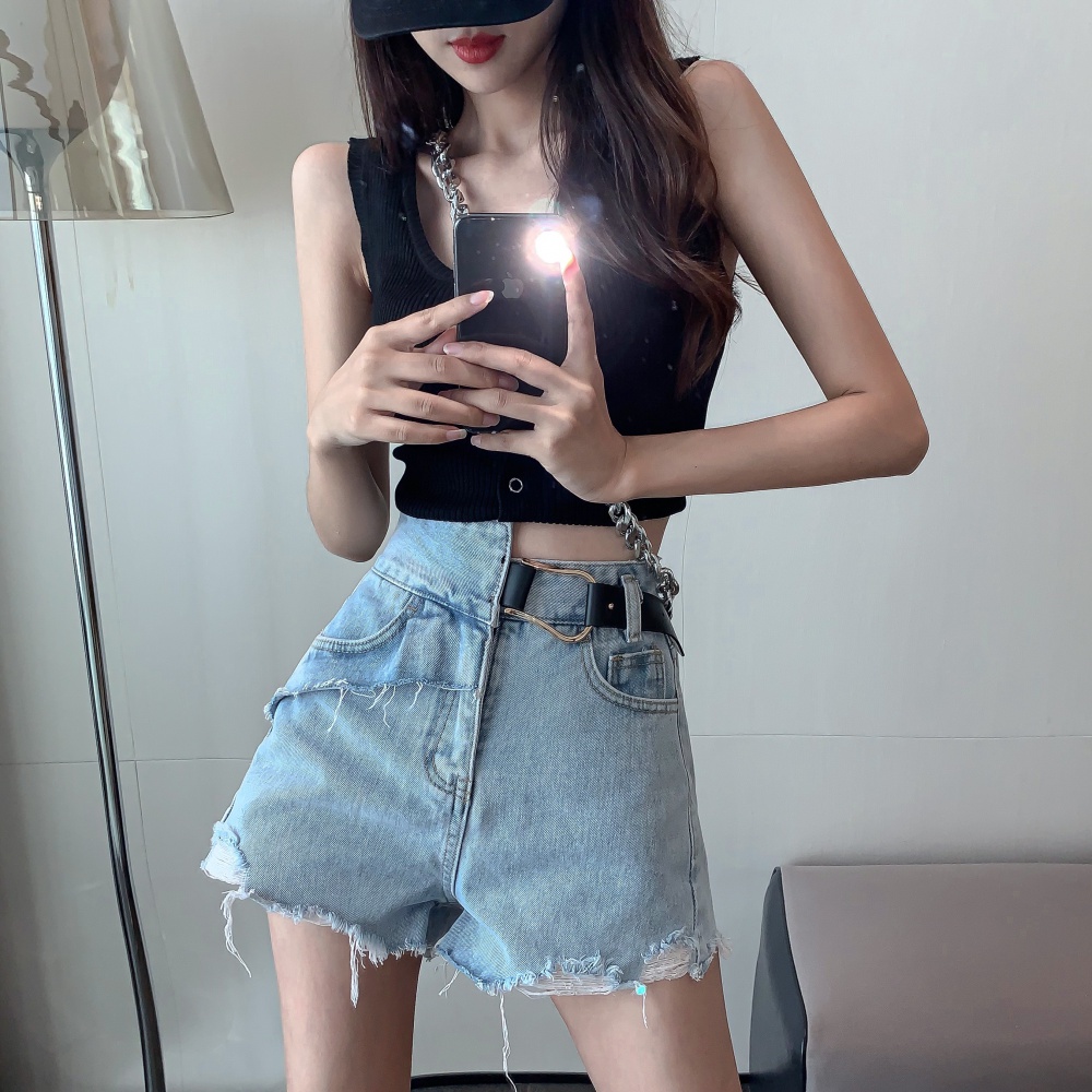 High waist torn edge short jeans all-match retro shorts