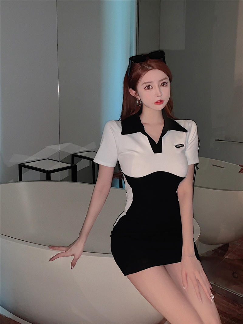 Splice retro split short sleeve mixed colors slim dress