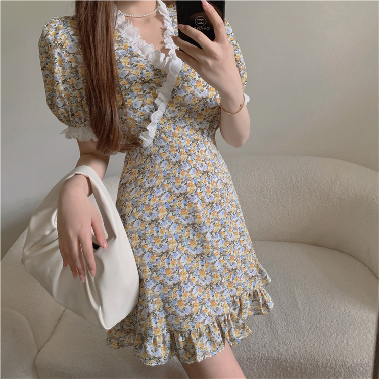 Lace floral temperament dress frenum slim T-back for women