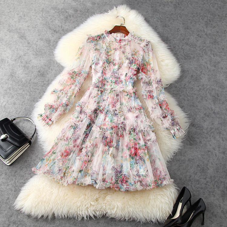 Bohemian style pinched waist gauze printing spring beautiful dress