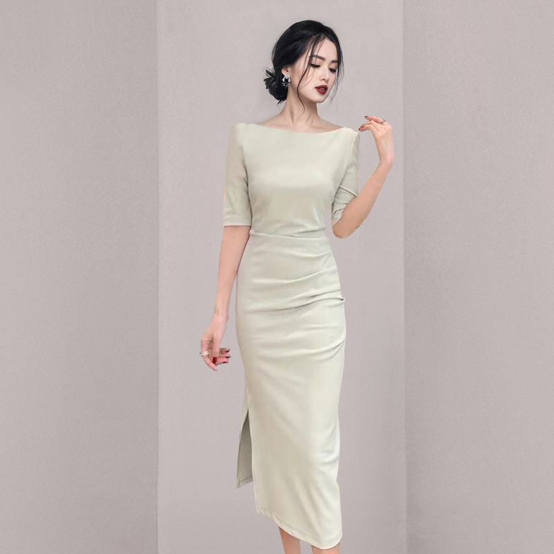 Pinched waist France style dress flat shoulder long dress