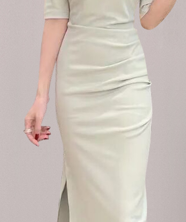 Pinched waist France style dress flat shoulder long dress